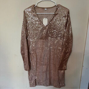 Blush Pink Sequin Sparkly Long Sleeve V-Neck Cocktail Dress NWT Size Medium